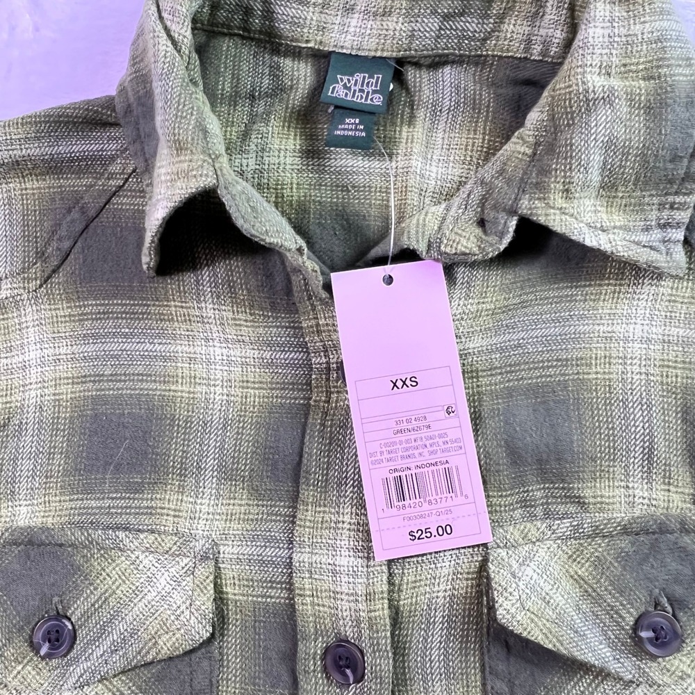 Wild Fable Green Plaid Button Down Shirt XXS NWT Oversized Cotton Flannel Top - Picture 5 of 8